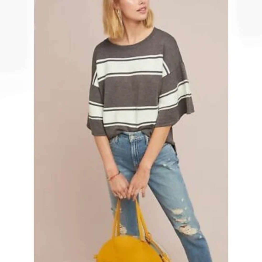 Anthropologie Sunday in Brooklyn gray white sweater flounce sleeve top medium